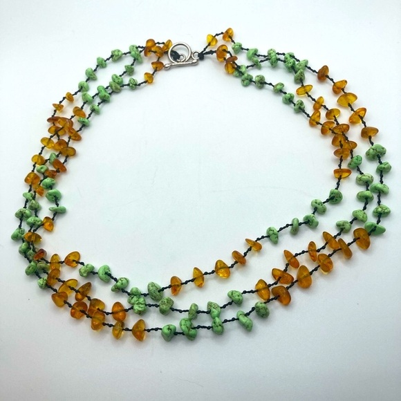 Vtg Sterling Amber Turquoise Pale Green Stone Multi Strand Knotted Silk 18” - Picture 2 of 8